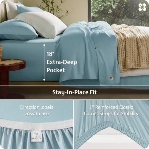 Image of Bedsure 100% Organically Grown Bamboo Viscose King Size Sheets Set | Cooling Bedsheets for Hot Sleepers | Luxury Silky Soft PureWoven | 18 inch Deep Pocket with Corner Straps | Oeko-Tex [Light Blue]