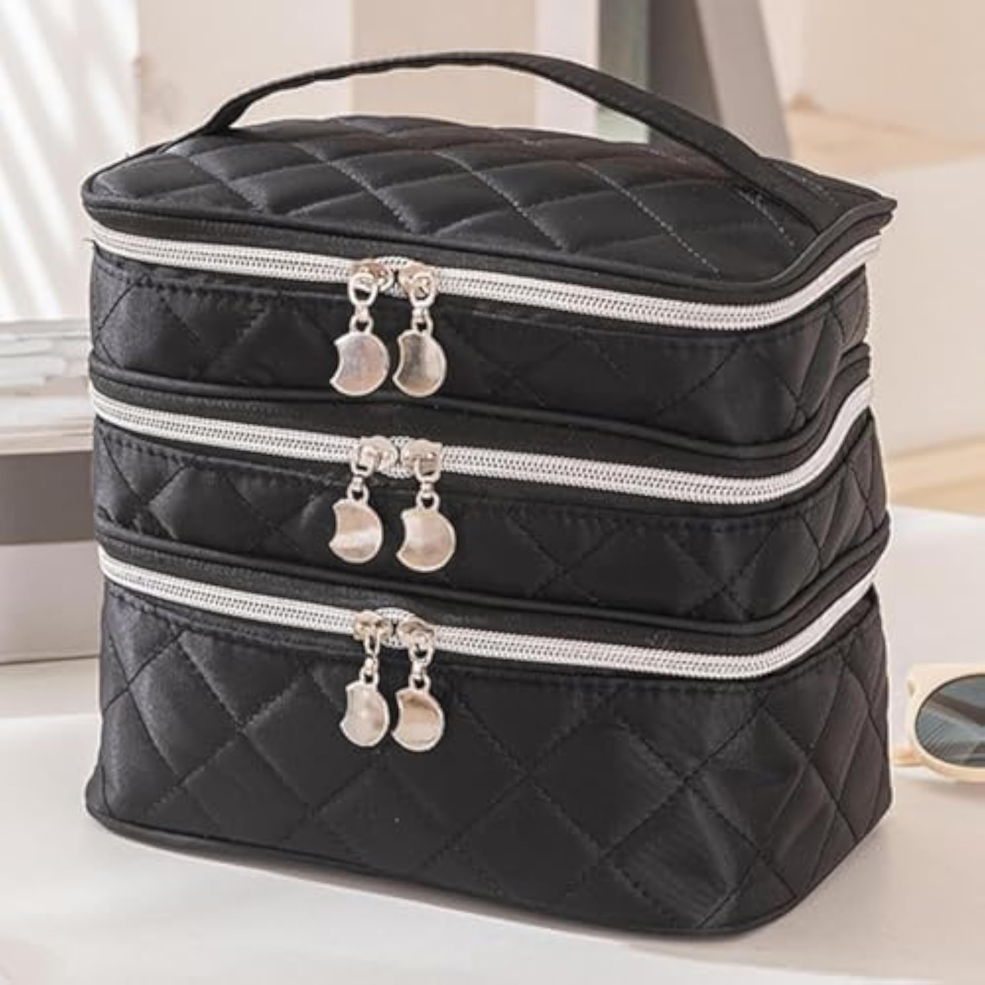 3 Floors Cosmetic Storage Bag for Brushes, Silver Zipper