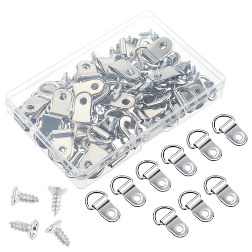 50 Pcs D Ring Picture Hangers with Screws - Heavy Duty Small D Ring Hanging Hardware - Bulk D Rings - Single Hole Picture Frame Hanger - Mirror,Clock,Decoration,Artwork