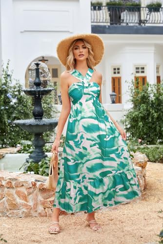 Image of GRACE KARIN Womens Summer Floral Dresses 2026 Boho Maxi Dress Flowy Halter Sundress Casual Vacation Beach Clothes with Pocket