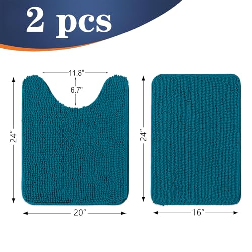 Image of OLANLY Bathroom Rugs Sets 2 Piece, Soft Absorbent Chenille Bath Mats and U-Shaped Contour Toilet Mat Area Rug Set, Machine Washable Bath Carpet, Home Decor Accessories(24 inchx16 inch+24 inchx20 inch, Peacock Blue)