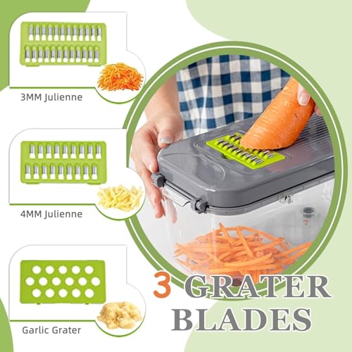 Image of 22 in 1 Vegetable Chopper with Container and Interchangeable Blades, Manual Food Slicer Dicer and Grater Set with Lid, Finger Guard and Cleaning Tools