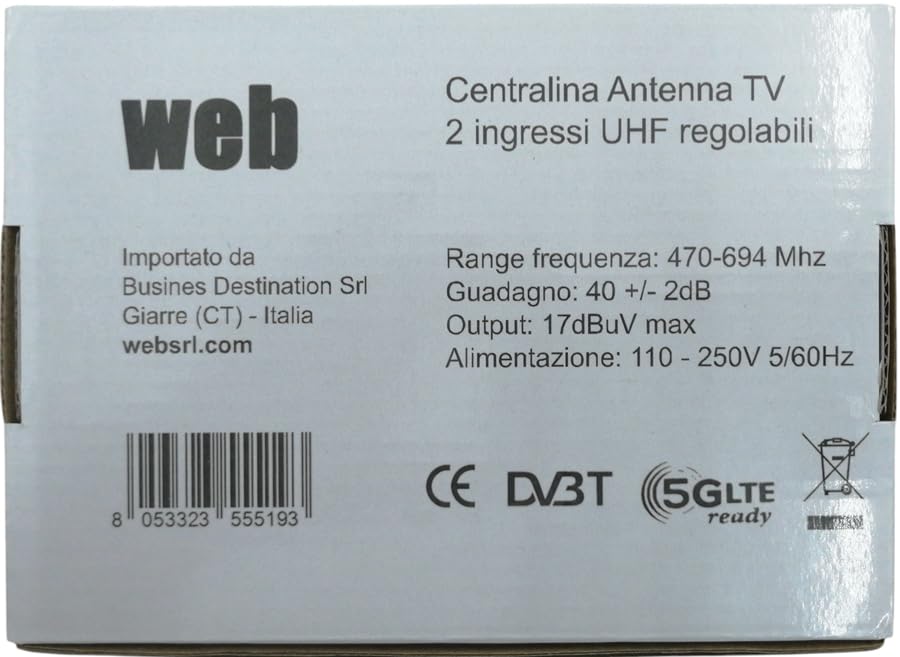 Centralina TV da interno 2 ingressi UHF regolabili – guadagno fino a 40 dB, filtro 4G/5G, alimentazione 12 V – connettori F, livello uscita fino a 125 dBμV