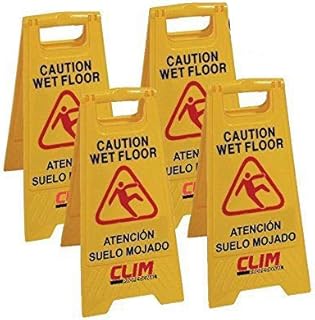 Clim Profesional 4 Señales de Advertencia de Pavimento Mojado en Color Amarillo Alta Visibilidad con Pictograma Doble Cara en Inglés y Español. Medidas 63 cm de Alto 30 cm de Ancho.