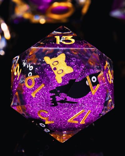 Froggod Single Liquid Core Cat D20 Dice – 22mm Sharp Edge Role Playing Dice for DND, RPG, Tabletop Games – 20 Sided Resin D&D Dice, Cathead Engraving(Cat Head Purple)