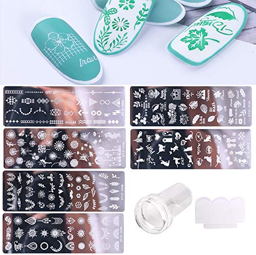 6PCS Nail Art Stamping Plates+ 1 Stamper + 1 Scraper Lace,Floral Flower Ripple Butterfly Dandelion Leaves Cat Jewelry Design Nail Stamp Plates Set,Template Image Acrylic Nail Supplies Nail Equipment