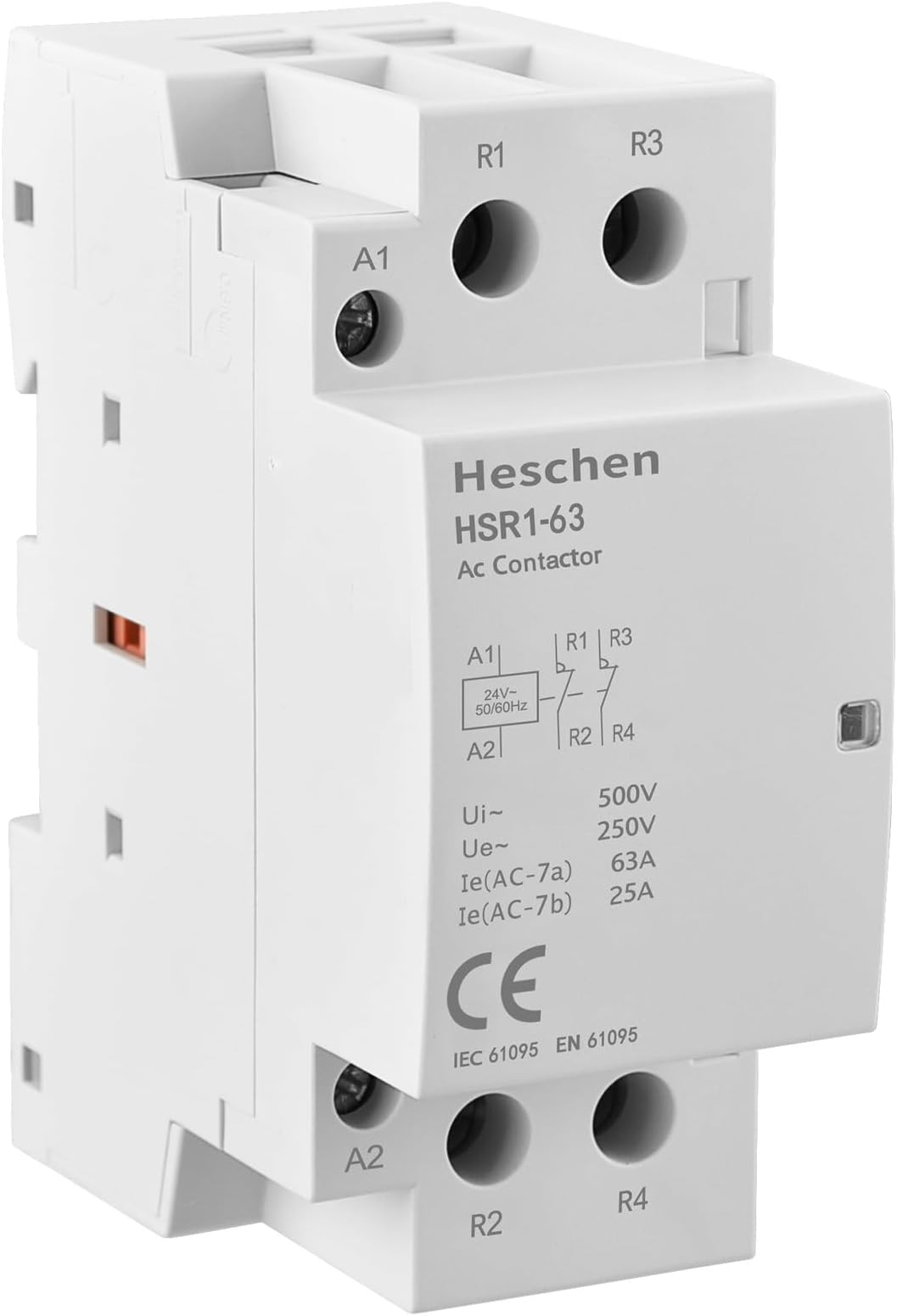 Heschen Household AC Contactor, HSR1-63, 2 Pole Two Normally Closed, AC 220V/230V Coil Voltage, 35mm DIN Rail Mount