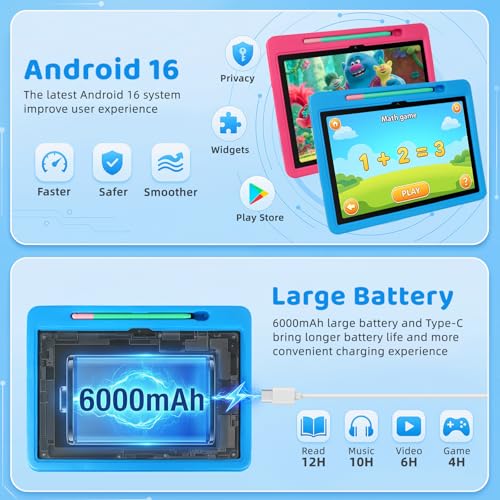 Image of 2026 Upgraded Android 16 Kids Tablet, 10 inch Tablet for Kids with 20GB RAM 64GB ROM 1TB Expand, 6000 mAh Battery, Parental Control, UKIDOZ Kids Space, Widevine L1 HD, Protective Case Pen（Blue）