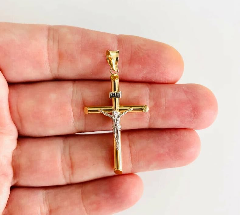 14k Two-Tone Gold Crucifix Cross Pendant for Men & Women – 43x20mm Religious Charm, Real Solid Gold, Lightweight 1.4g2