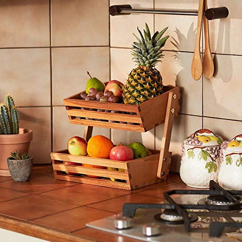 Rack de almacenamiento de verduras de madera de dos niveles para encimera de cocina independiente 7