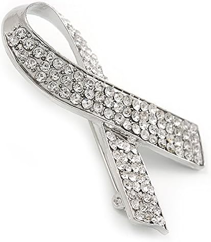 Clear Crystal Breast Cancer Awareness Ribbon Lapel Pin In Rhodium Plating - 55mm L, silver, white / ivory - Image 4