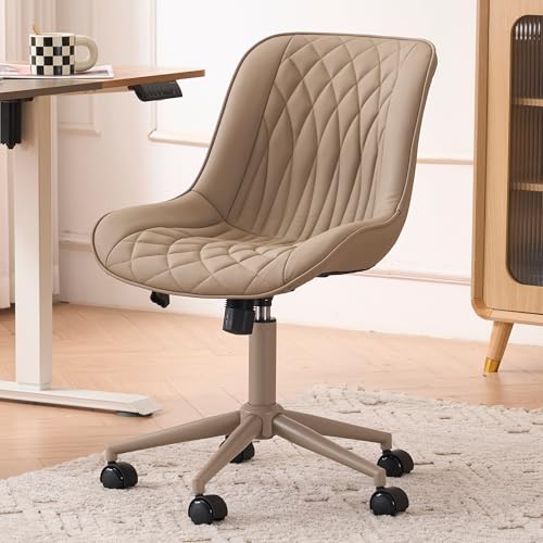 Image of YOUNIKE Faux Leather Office Desk Chair Comfy Vanity Chair Armless Khaki | Ergonomic Upholstered Rocking Back, Swivel with Wheels, Height Adjustable, Modern Task Chair For Computer Sewing Drafting