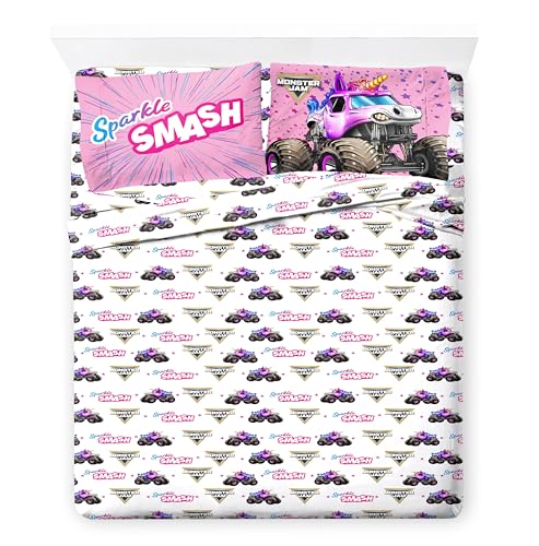 Image of Monster Jam Queen Comforter Set 7 Piece Kids Bedding for Girls, Pink | Sparkle Smash, Bed in a Bag, Comforter Sheets Shams Pillowcases, Soft Microfiber, Machine Washable, Girls Gift