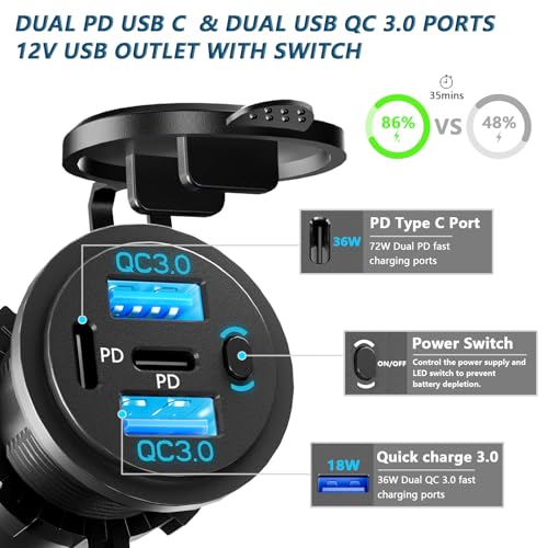 Accesorios coche con salida USB 12V rápida y puertos USB C duales PD estancos 2