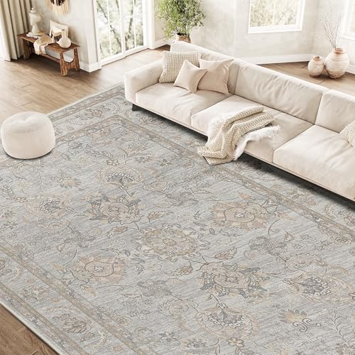 RYB HOME Bedroom Area Rug 6x9, Floral Vintage Machine Washable Boho Rug for Bedroom Living Room, Large Soft Faux Wool Carpet for Dining Room Office Non Slip Rug, Greyish Green