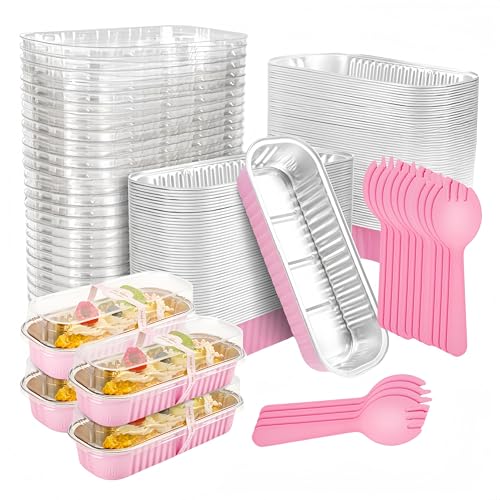 100 Pack Mini Loaf Pans, Ai-OUMLEEF Aluminum Mini Loaf Pans with Lids and Spoons,Rectangle Aluminum Foil Baking Pans Tins Containers,Cupcake Containers Cheesecake Creme Brulee Ramekins (Pink)