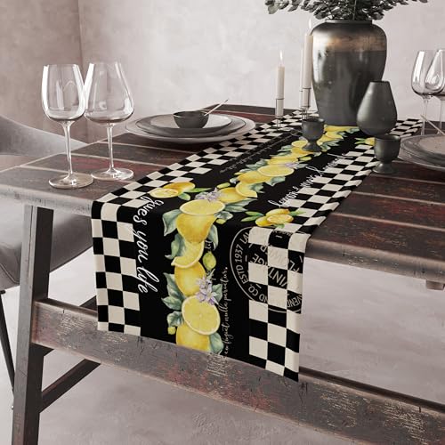 Image of Lemon Table Runner 13 inchx72 inch - Italian Style Black White Checkered Kitchen Table Decor with Yellow Lemons and Floral Print - Rustic Vintage Dining Room or Summer Party Decoration