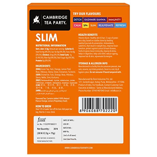 Image of Cambridge Tea Party Slim 30 Tea Bags, Hibiscus Clove Orange Rose Turmeric Cinnamon Tulsi Green Tea (immunity booster with natural vitamins, cleanse, cold relief, weight loss, slim, skin glow)