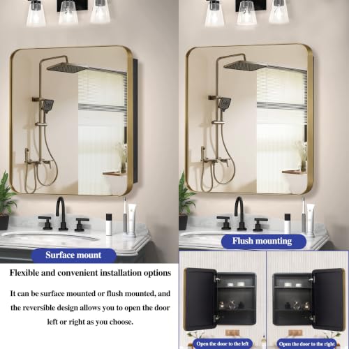 FOMAYKO 24" x 24" Bathroom Medicine Cabinet with Mirror Door, Brush Gold Stainless Steel Frame, Recessed or Surface Mounted,Storage Cabinet with Adjustable Metal Shelves,Upgraded Version by FOMAYKO - Used condition - Image 5