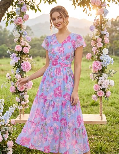 GRACE KARIN Women Summer Dress,Maxi Floral Dresses,Wedding Guest Flowy Dress 2026 Sky Blue with Pink Flowers XL — view 3