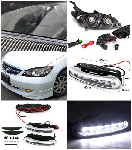 JDM Black Headlight With Yellow Fog Lamp And Bumper Light LED DRL 6000K Made For And Compatible With Honda Civic 01-03 Non Si