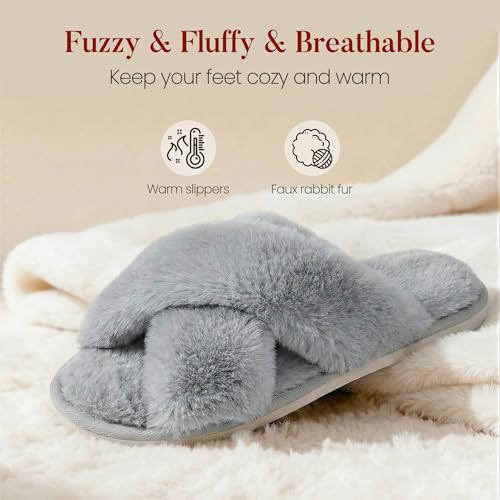 Image of Ankis Memory Foam Fuzzy Slippers for Women,Open Toe House Shoes | Faux Fur Cross Band,Indoor Outdoor Slippers, Anti-Slip, Comfy, Cozy, Fluffy, Gifts for Women, Mom Bride Bridesmaids