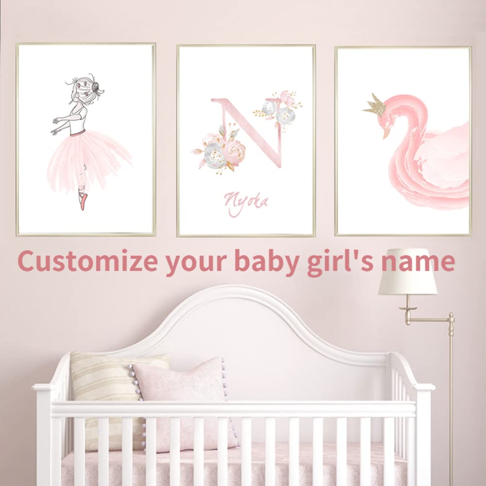 Youihom 3 Affiches Chambre Bebe Fille Cygne Rose Tableau 30x40 Poster Prenom Personnalisé Mural Enfant Deco sans Cadre
