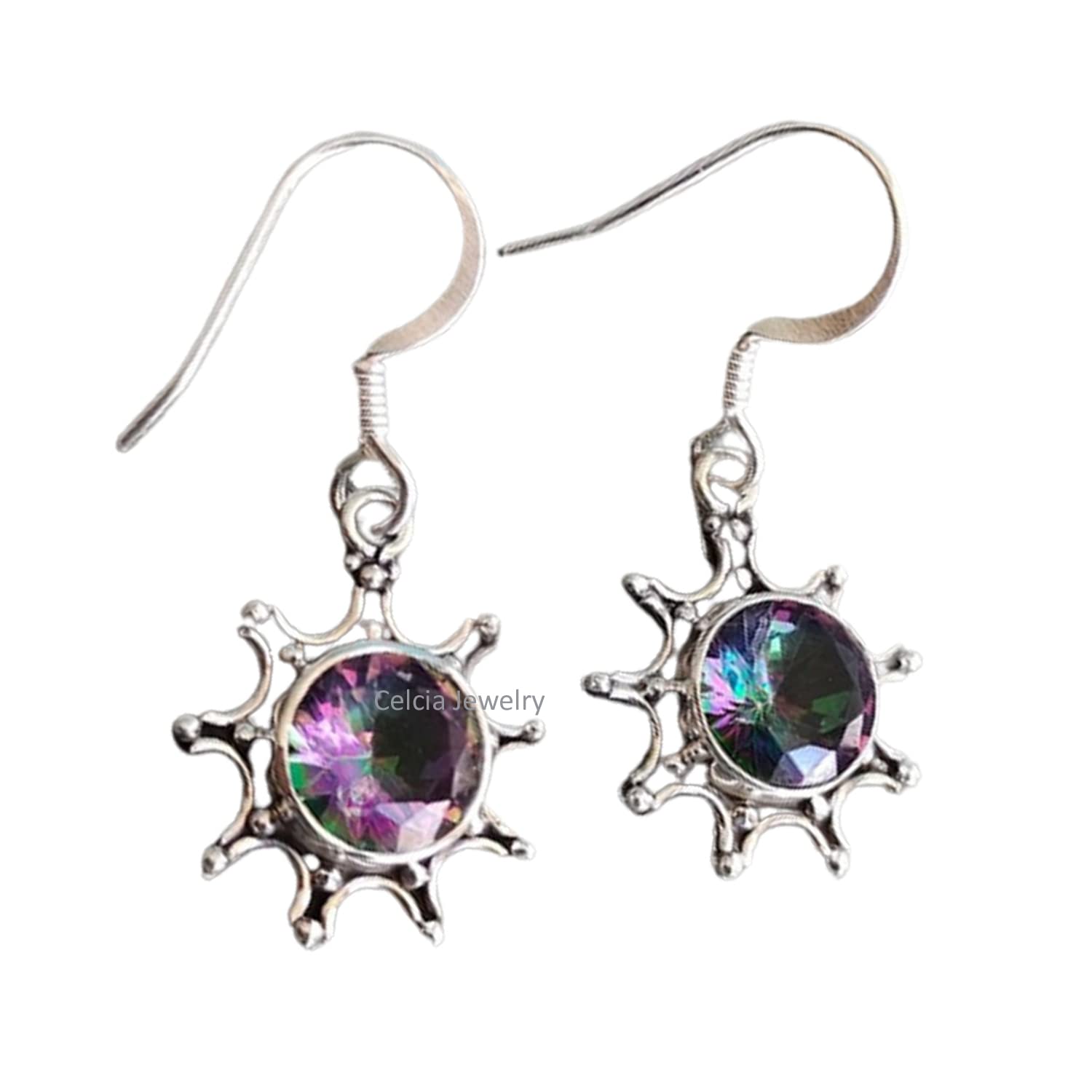 Pendientes colgantes de plata de ley 925 pura para mujer, pendientes hechos a mano increíbles con piedras preciosas redondas facetadas de topacio místico genuino para ella