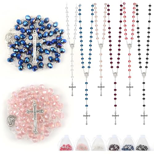 Wonitain 30 Set Rosary Bead Bulk Catholic Crystal Glass Rosaries Beads for Women Men Jesus Holy Cross Rosary with Organza Bags Baptism First Communion Church Religious Present (Multicolor)