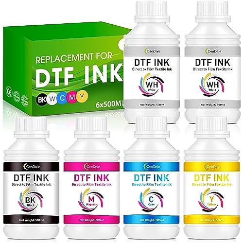 CenDale Premium DTF Ink 3000ML - DTF Transfer Ink for PET Film, Refill DTF Ink for Epson ET-8550, L1800, L800, XP15000, R2400, P400, P800, Heat Transfer Printing Ink Direct to Film (500ml x 6, CMYK W