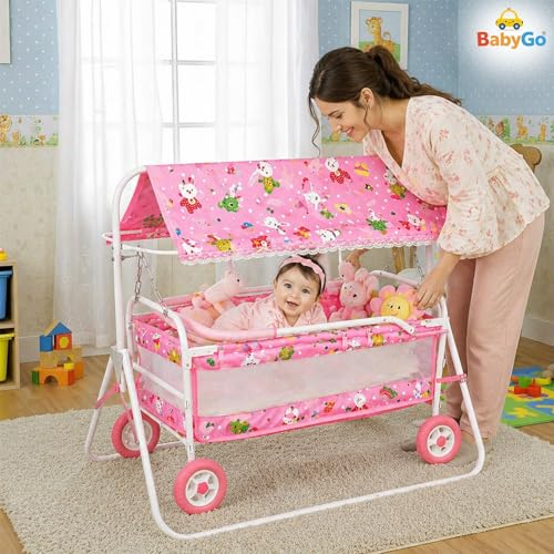 Image of BabyGo Baby Cradle with Swing, Mosquito Net & Canopy | 0-12 Months | Foldable 2-in-1 Rocking Cradle Cot with 4 Wheels & Brake | Soft Bed | Metal Frame | Pink (Large)