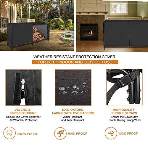 Emalie 8Ft Outdoor Indoor Firewood Log Rack With Waterproof Cover And Log Carrier Tote Bag, Heavy-Duty Fire Wood Storage, High Capacity Log Holder Stand For Fireplace Easy Assemble | Black #TOP5