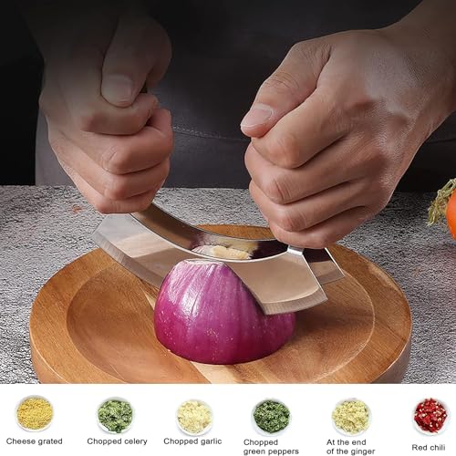 TIYOORTA Salad Chopper With Round Wood Cutting Board - Mezzaluna Knife with Protective Cover and Anti-Slip Handle Stainless Steel Chopper Vegetable Cutter Onion Chopper Mincing Knife Pizza Cutter - Image 2
