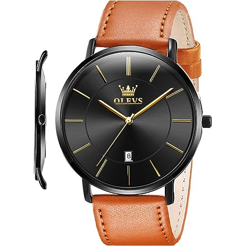 Image of OLEVS Men Leather Watches Black Ultra Thin 6.5mm Minimalist Dress Fashion Simple Casual Waterproof Date Watch for Men