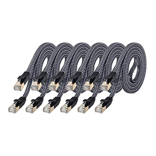 MORELECS Cat 7 Shielded Ethernet Cable 5 ft 6 Pack, Nylon Braided Cat 7 Flat Internet Cable RJ45 Network Cable Patch Cables for PC Laptop Modem Router Compatible with Cat 5e, Cat 6 Network