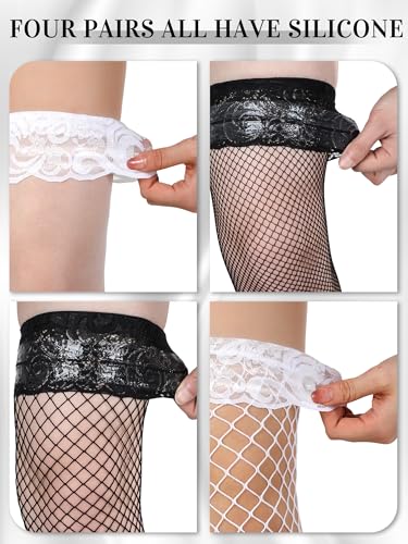 Image of Bencailor 4 /6 /12 Pairs Fishnet Thigh High Stocking for Women Silicone Lace Top Sheer Over Knee Stockings