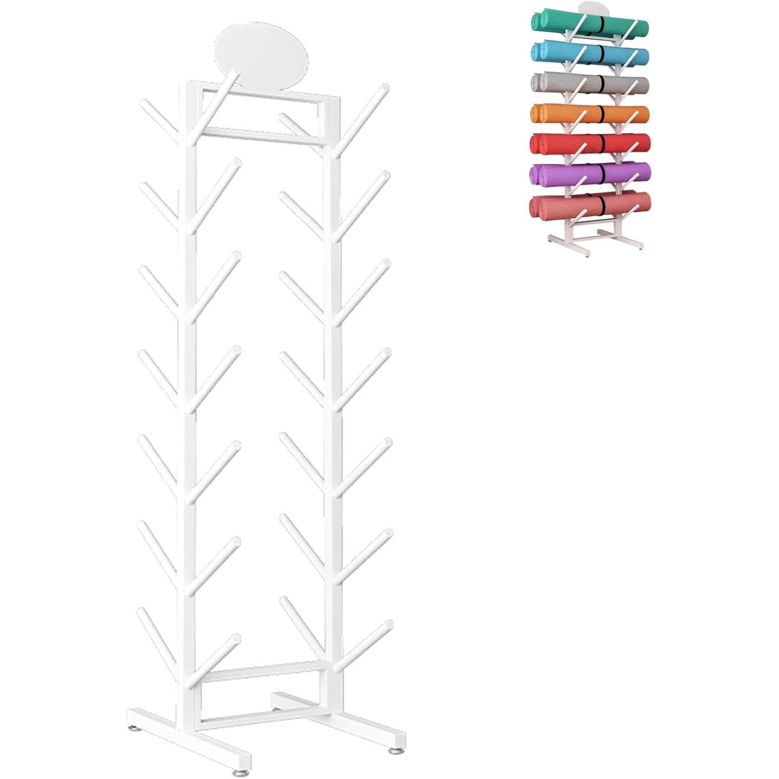Soporte de doble cara para esterillas de yoga con estante metálico para organizar accesorios