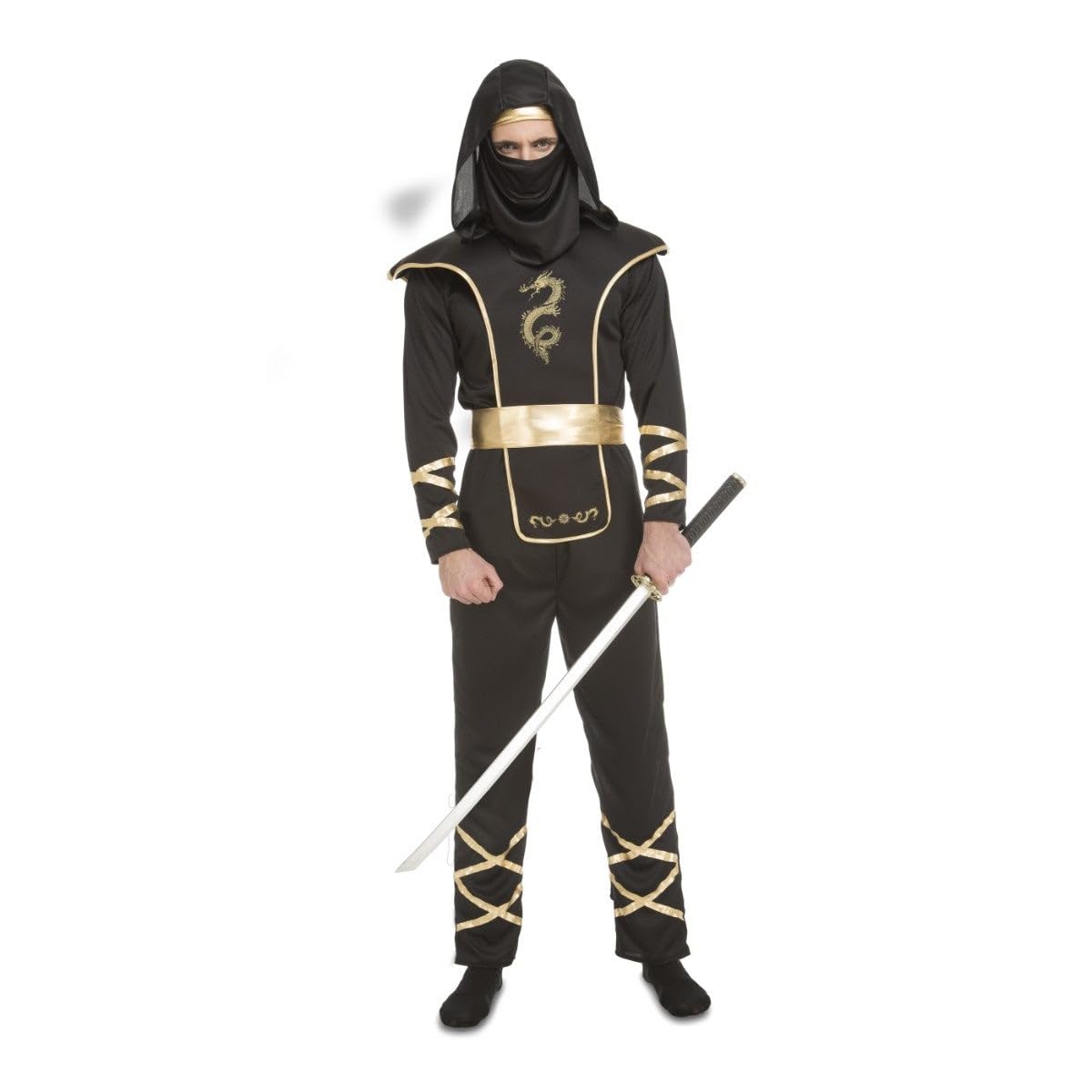 My Other Me - Disfraz Ninja Hombre. Incluye mono negro con capucha y detalles dorados en mangas y piernas, armadura negra con bordes dorados, cinturón dorado y máscara negra.