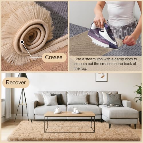 3x5 Rugs for Bedroom, Fluffy Area Rugs for Living Room, Soft Shag Kids Rug Small Carpet with 4 Non-Slip Rug Pads (Light Tan, 3ft x 5ft)