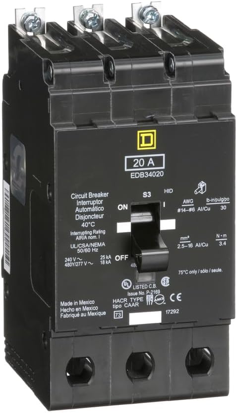 Square D EDB34020 Bolt-On Circuit Breaker, 20 Amp, 3 Poles, 18k Amp, 277V
