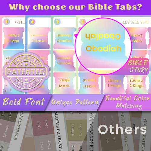 Image of Bible Tabs with Unique Stickers, Gold Foil Laminated Bible Tabs, Bible Tabs for Women, Christian Gifts, Large Print Bible Tabs, Bible Book Index Tabs Labels, Bible Study Supplies (Rainbow)