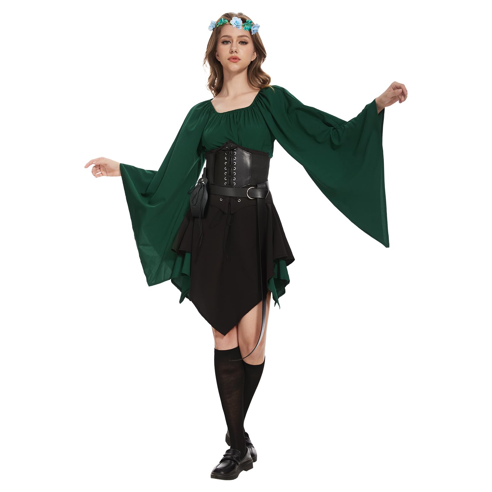 Lot de 8 robes médiévales pour femme - Robe irlandaise traditionnelle Renaissance avec oreilles d'elfe - Robe de cosplay victorienne d'Halloween