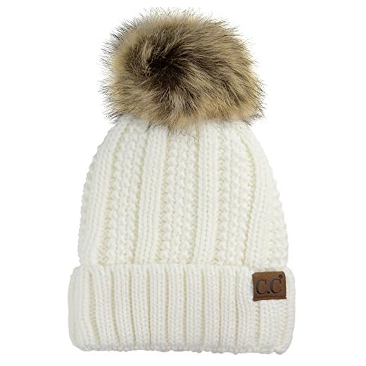 C.C Thick Cable Knit Faux Fuzzy Fur Pom Fleece Lined Skull Cap Cuff Beanie, Ivory