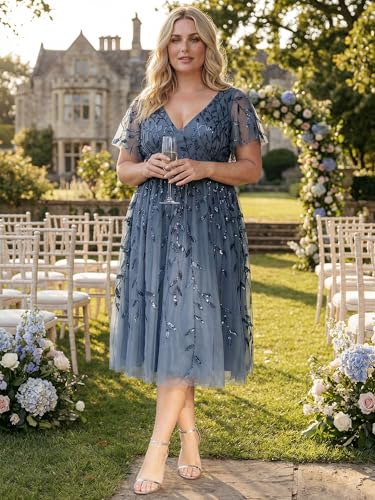 Image of Ever-Pretty Womens Embroidered Tulle Plus Size Cocktail Evening Party Dress A-Line Midi Wedding Guest Dresses for Curvy Women