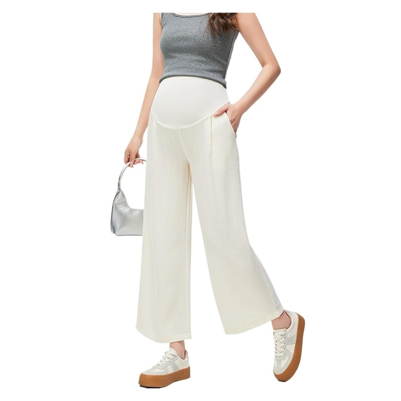 Pantalones de Maternidad de Cintura Alta, Pierna Ancha, algodón y Lino, Rectos, for Verano(Beige,XL)