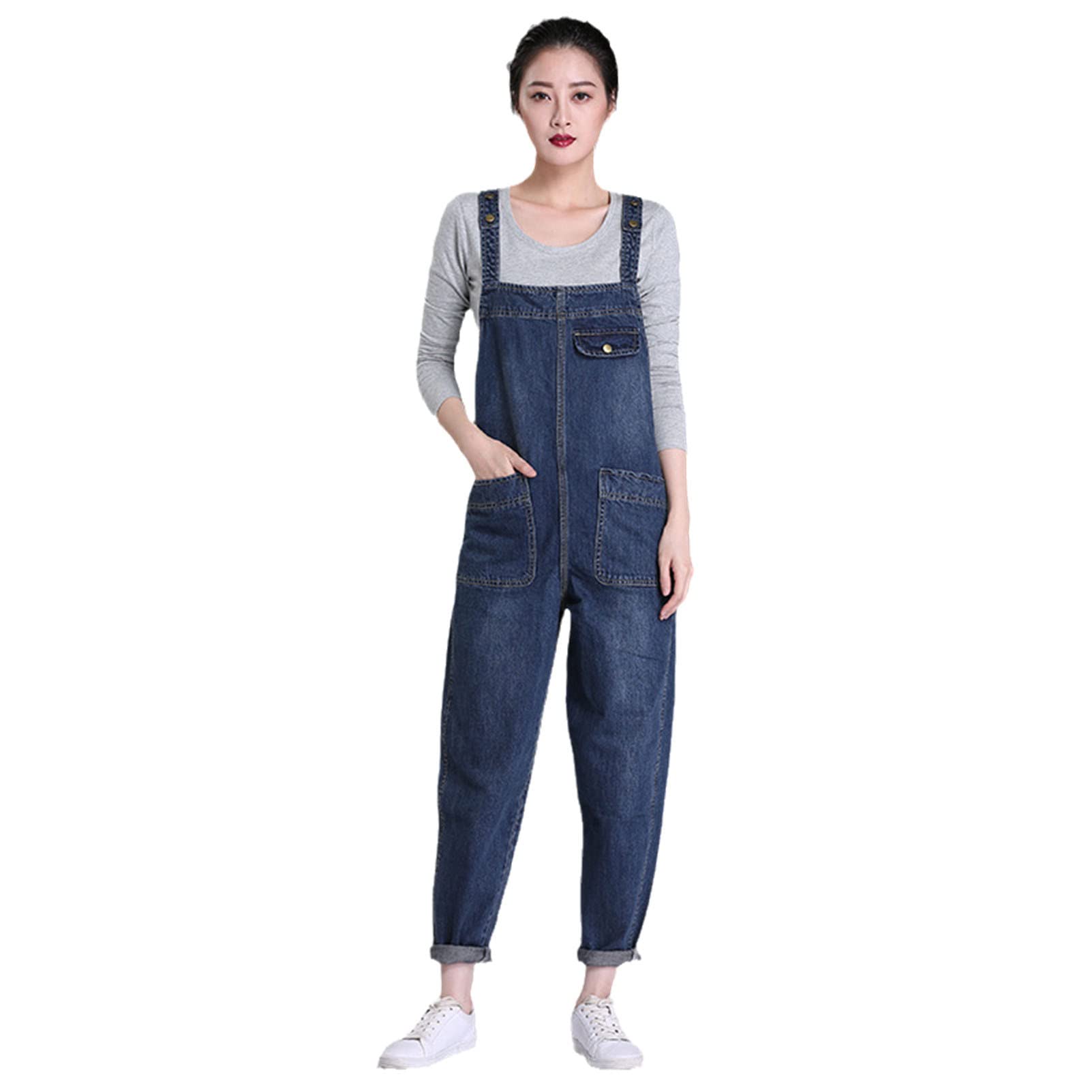 Damen-Jeans mit Tasche, Trägerhose, Schulterriemen, Overall, große Größe, Denim-Overall