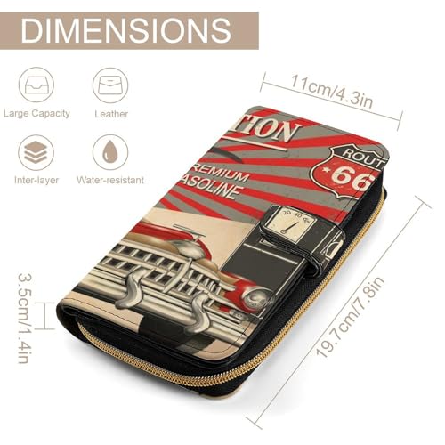 Women Soft PU Leather Wallet, Zipper Card Case Clutch Credit Bills Money Crash Coin 7.8x4.3x1.4 in Holder Purse Print Gas Station Retro Poster Route 66 Car in Red Style2