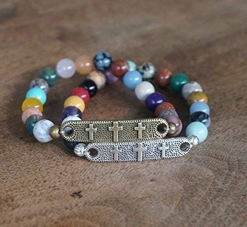 Stretch Bracelet, Colorful Gemstone Bead Mix With Religious 3 Cross Link