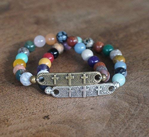 Stretch Bracelet, Colorful Gemstone Bead Mix With Religious 3 Cross Link