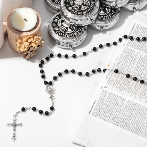 ROCEEI 12 Pcs 6mm Glass Pearl Prayer Beads First Communion Rosary for Girls and Boys Rosary Beads Catholic for Women Men with Crucifix Rosary Necklace for Kids Baptism in Holy Cup Metal Box (Black) - Thumbnail 4
